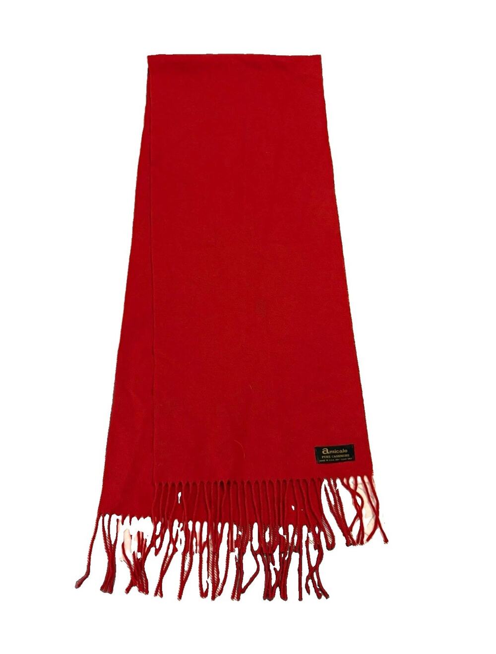 Vintage Amicale Pure Cashmere Red Solid Fringe Logo Unisex Rectangle Scarf